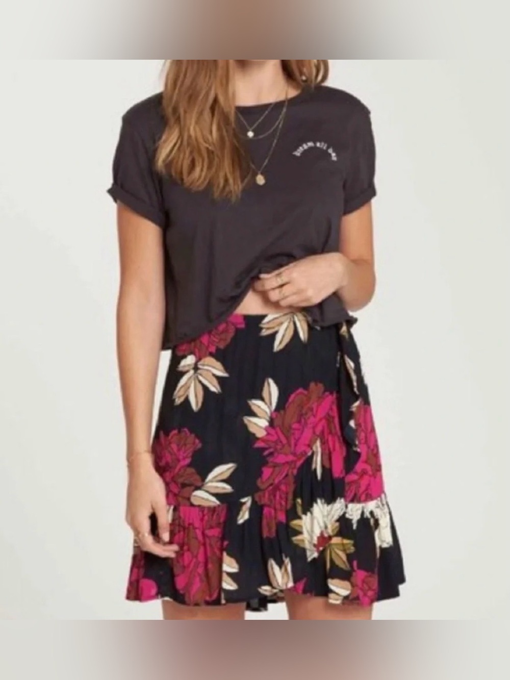 Billabong Black Skater Skirt with Pink & Cream Floral Print